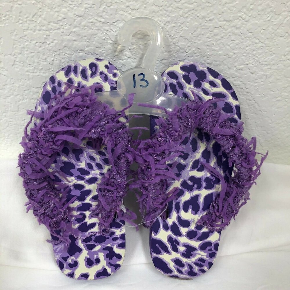 Girls Crocheted Fuzzy Flip Flops Purple Leopard 13